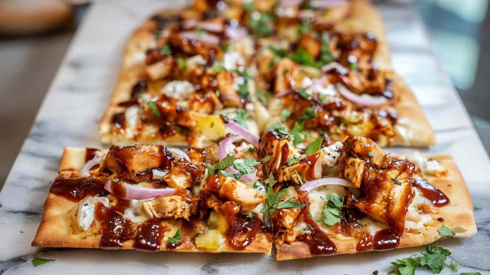 BBQ Chicken Flatbread with melted cheese and grilled chicken on baking sheet