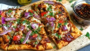 BBQ chicken flatbread topped with mozzarella cheese and vegetables before baking