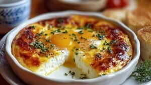 Baked eggs cottage cheese with golden melted cheddar and fresh parsley garnish in white baking dish