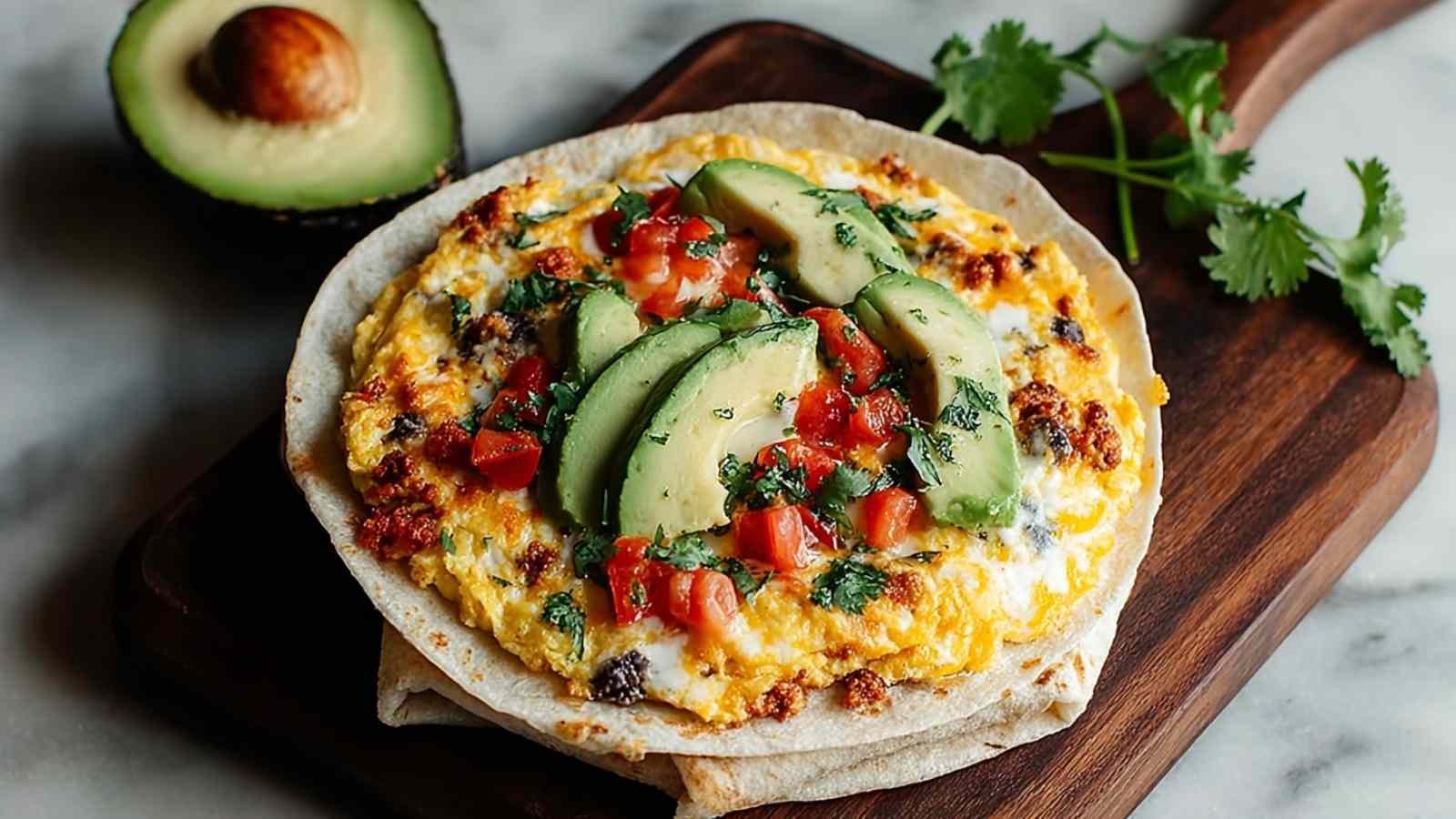 High-protein breakfast burrito cut in half showing scrambled eggs, chicken, black beans, and cheese filling
