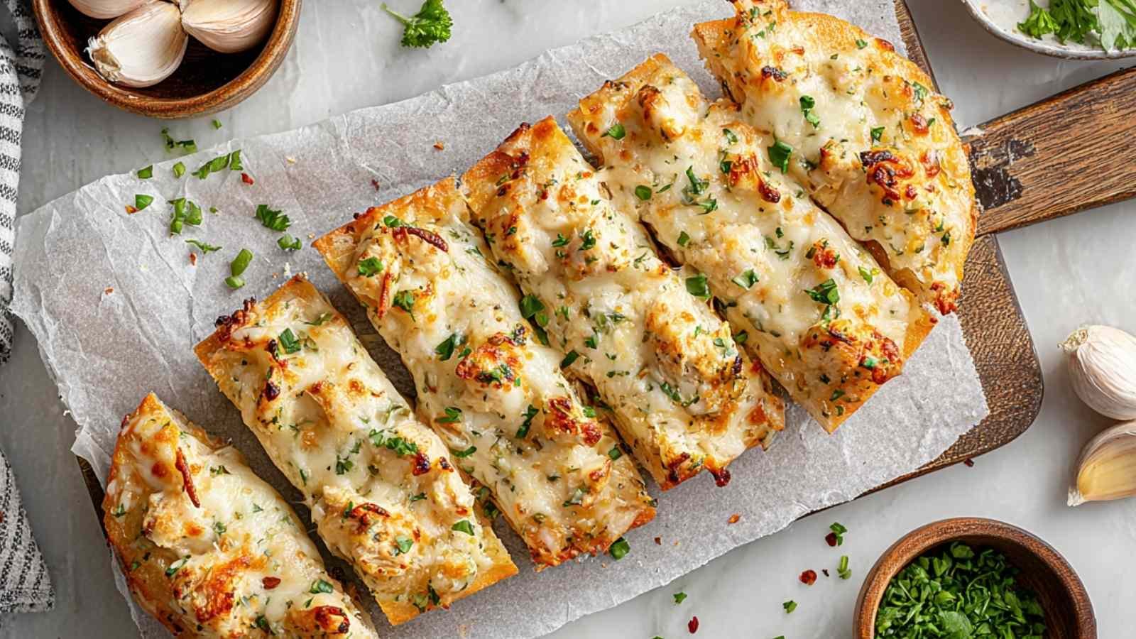 Sliced chicken alfredo garlic bread with melted cheese and golden chicken pieces on serving board