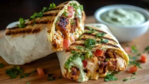 Chipotle ranch grilled chicken burrito cut in half showing layers of chicken rice beans and vegetables