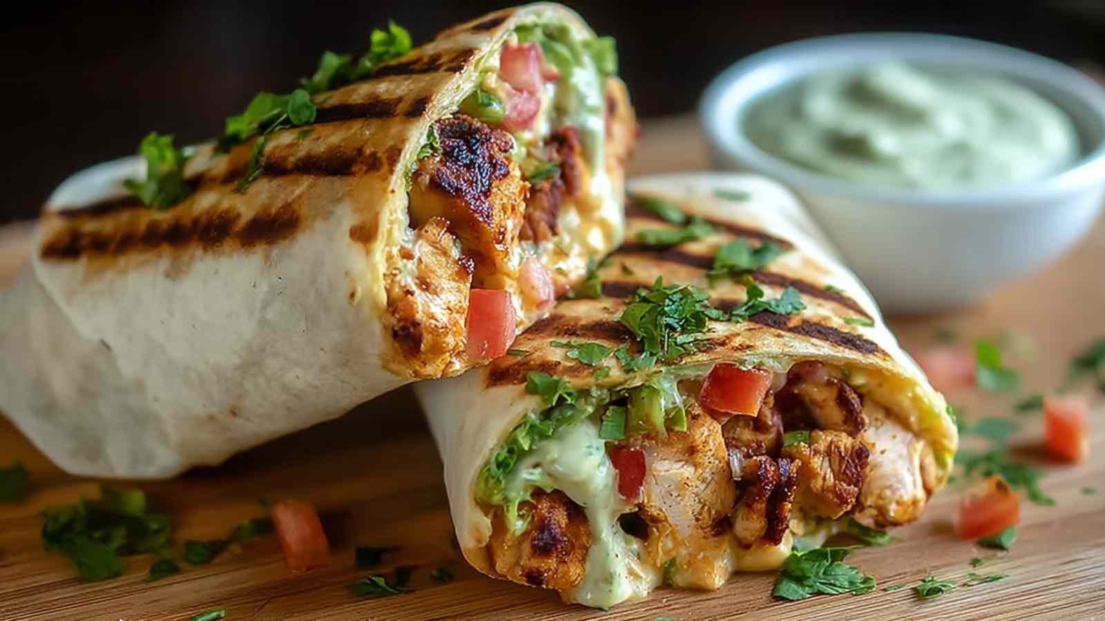Chipotle ranch grilled chicken burrito cut in half showing layers of chicken rice beans and vegetables
