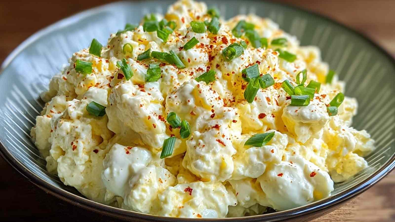 Cottage cheese egg salad in white bowl topped with red pepper flakes and scallions