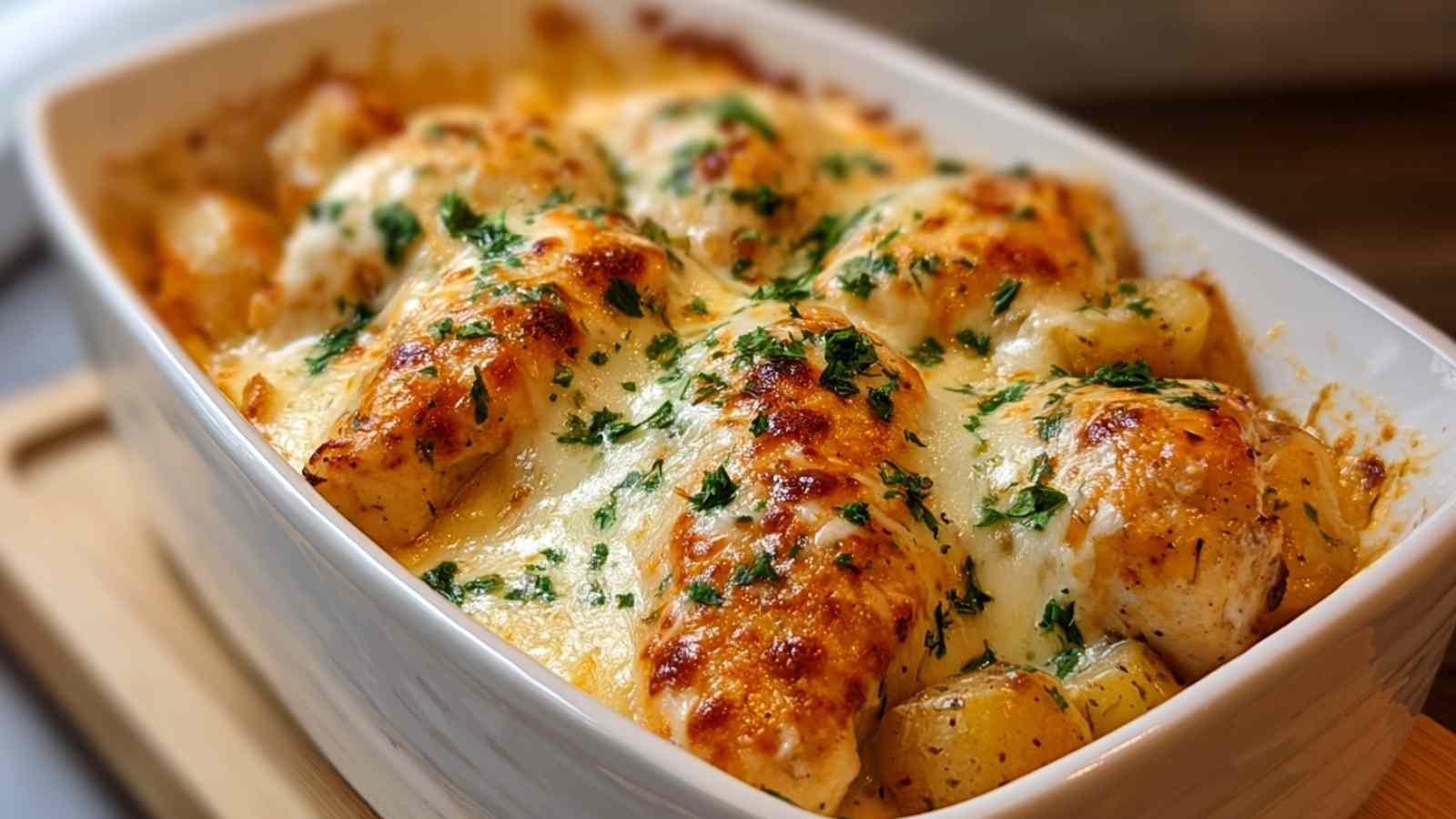 High protein creamy garlic cheesy chicken potatoes recipe served in cast iron skillet