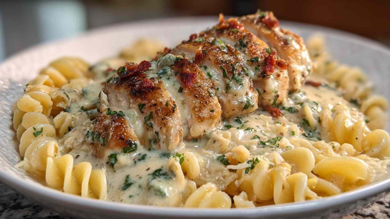 Creamy Garlic Parmesan Chicken with Cheesy Twisted Pasta plated with fresh parsley garnish
