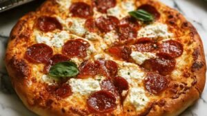 Hot honey pizza pepperoni ricotta flatbread sliced on wooden cutting board with fresh basil garnish