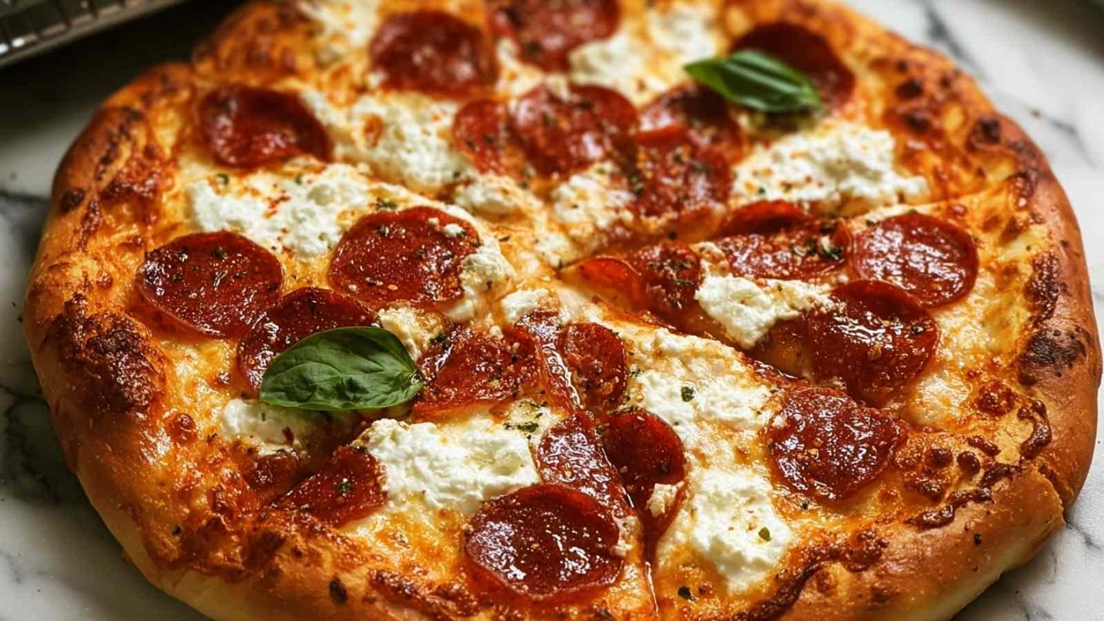 Hot honey pizza pepperoni ricotta flatbread sliced on wooden cutting board with fresh basil garnish