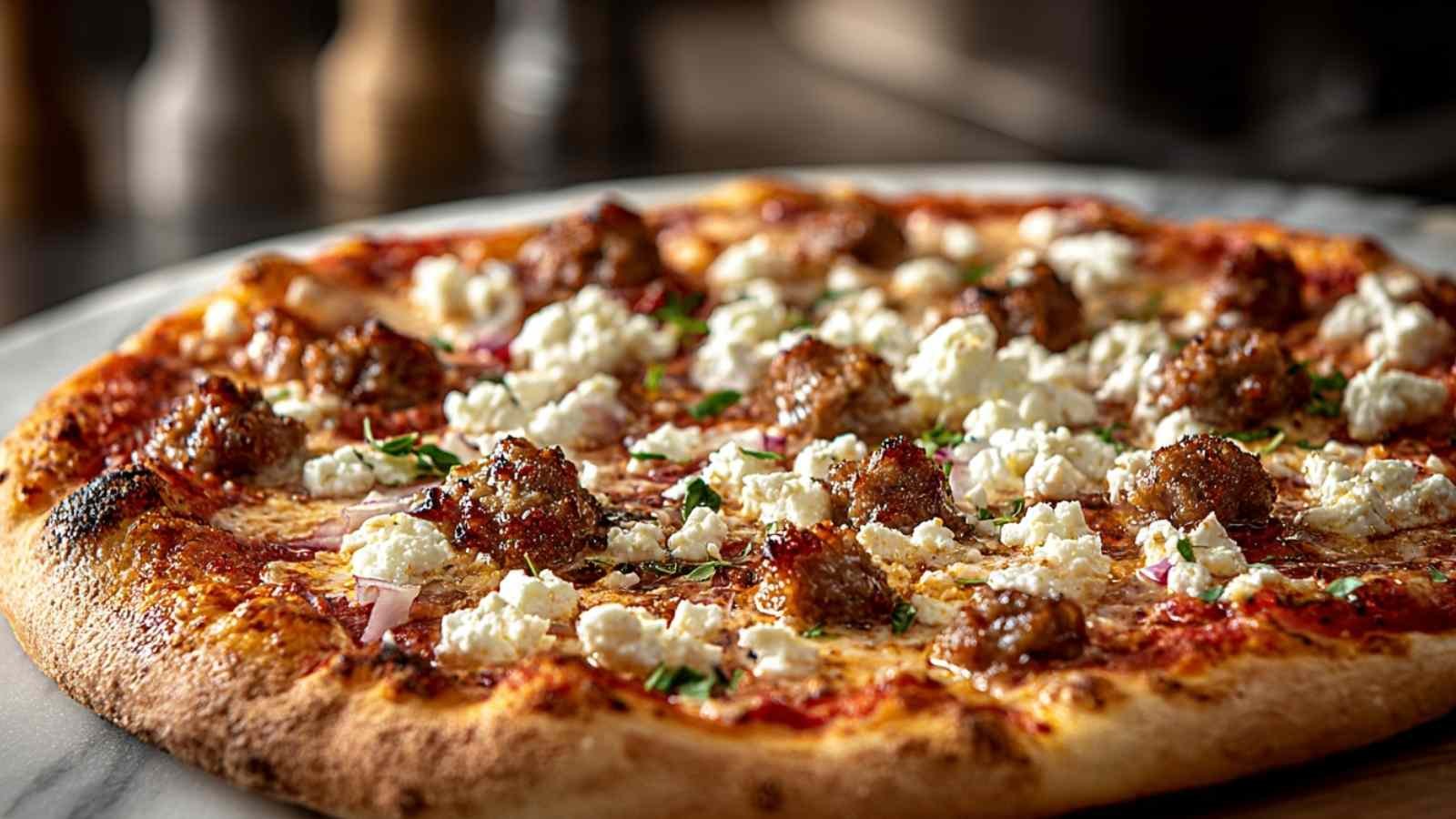 Hot sausage feta honey pizza with golden melted cheese and honey drizzle on crispy crust