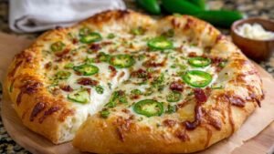 Golden brown Jalapeño Popper Pizza with melted cheese and fresh jalapeño slices on cream cheese base
