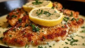 Lemon Pecorino Crusted Chicken with golden crispy coating in cast iron skillet ready to serve