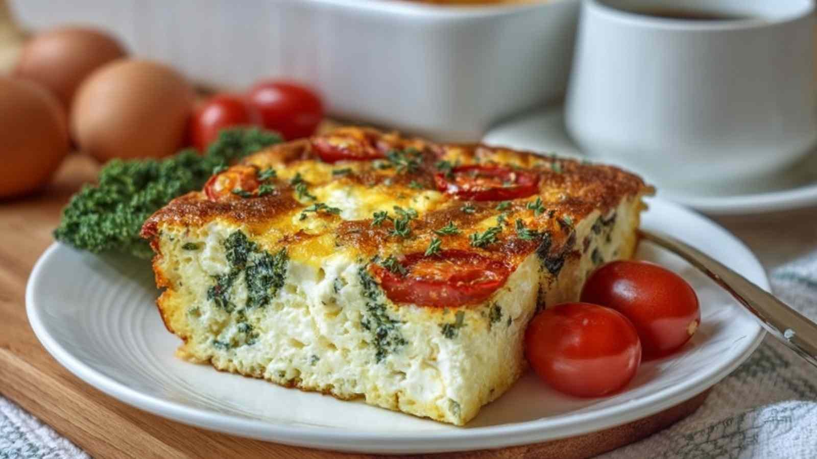 Low Carb Cottage Cheese Egg Casserole baked golden brown in 9x13 dish showing set center