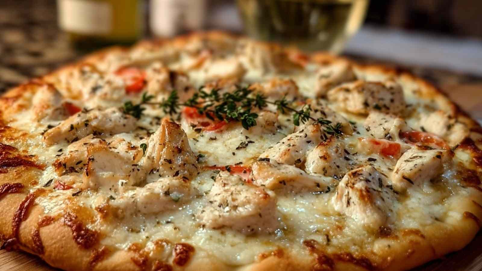 Roasted Garlic White Chicken Pizza with melted mozzarella cheese and fresh herbs on golden crust