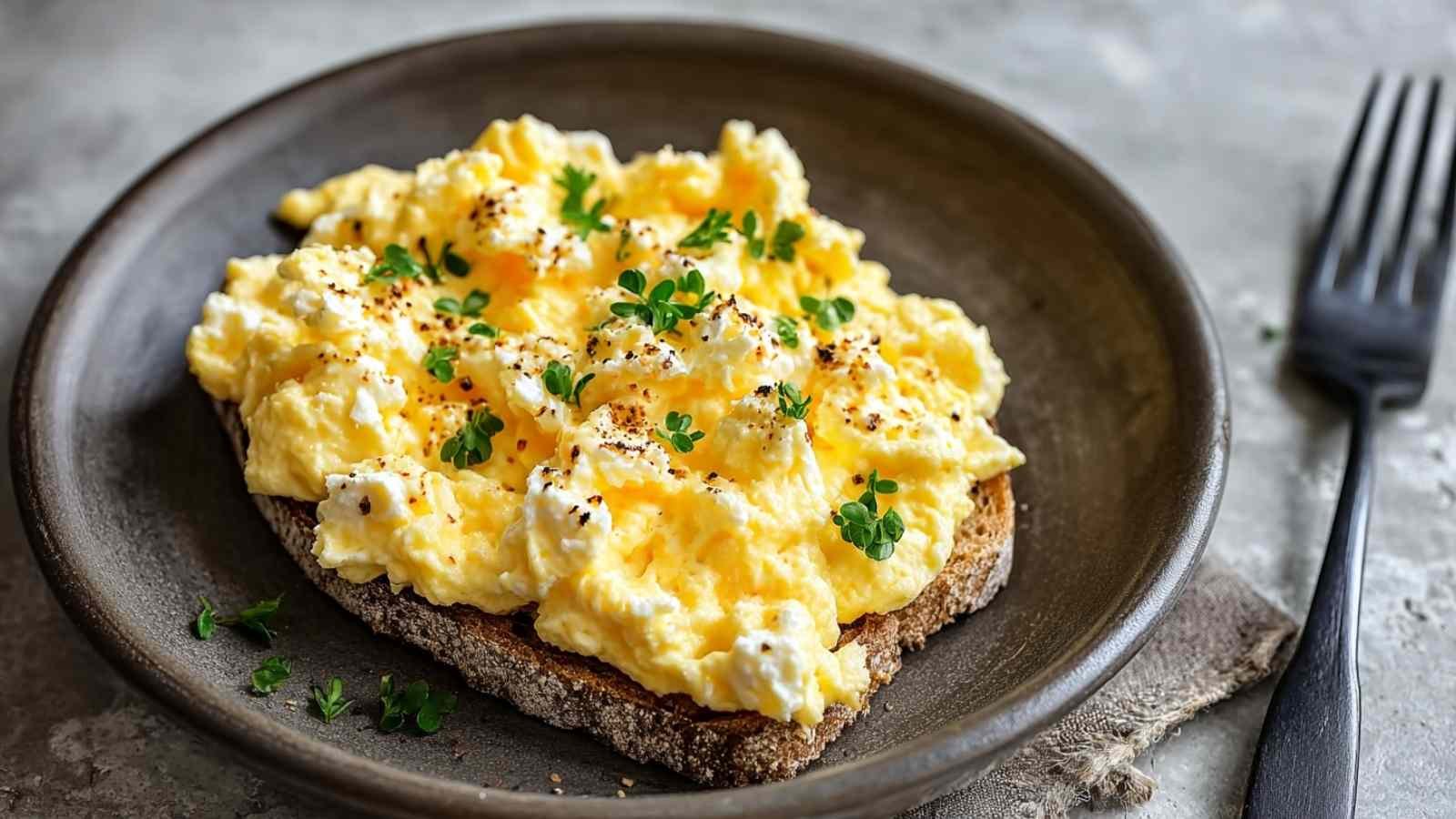 Creamy scrambled eggs cottage cheese cooking in nonstick skillet with fluffy texture