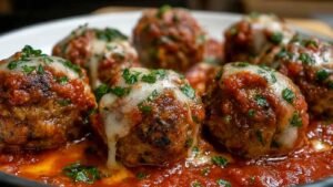 Hands shaping stuffed meatballs with mozzarella cheese cubes on wooden cutting board