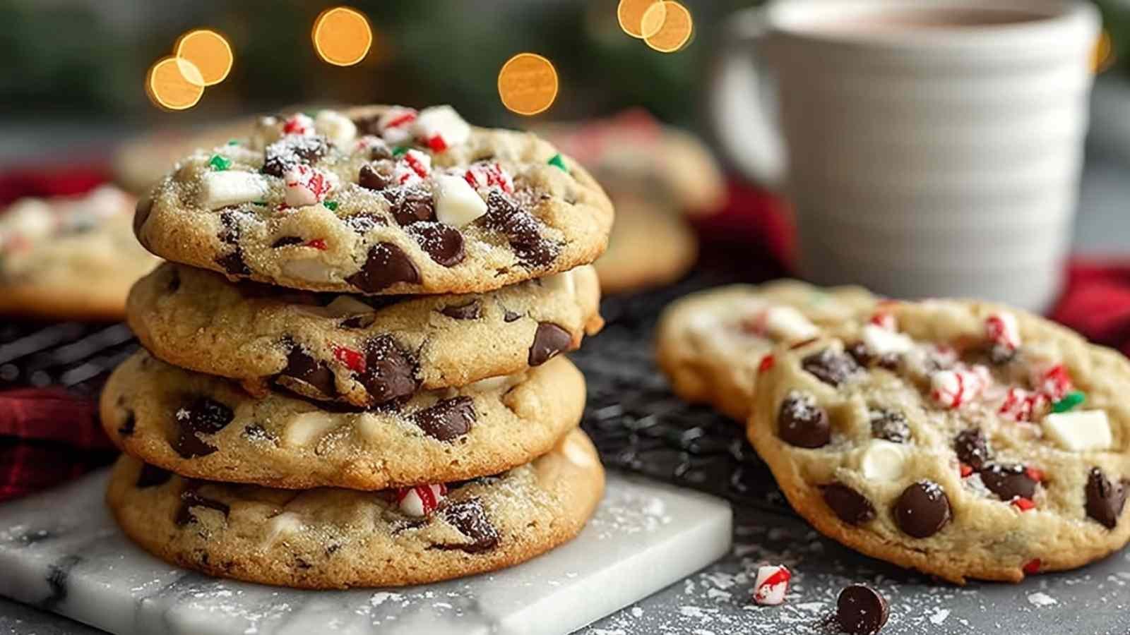 Winter wonderland chocolate chip cookies cooling on wire rack with white chocolate drizzle