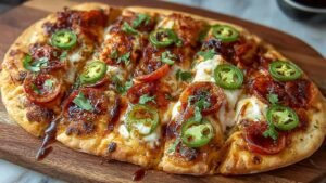 Hot honey flatbread pizza with melted cheese and pepperoni fresh from oven