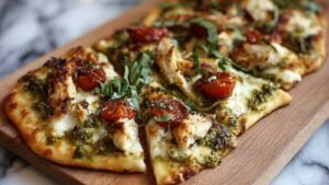 Golden pesto chicken flatbread with melted cheese and cherry tomatoes fresh from oven