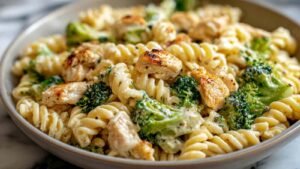Creamy rotisserie chicken broccoli pasta in large skillet with melted cheese and fresh herbs ready to serve